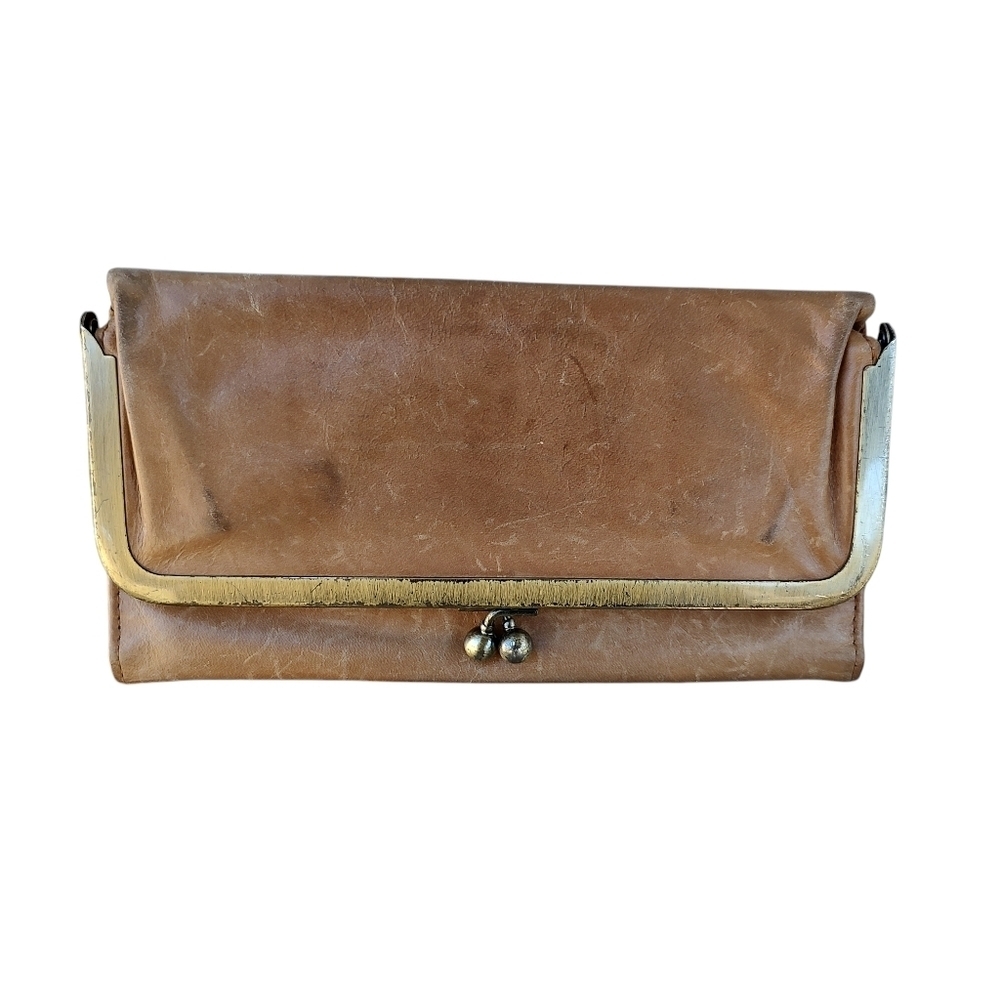 HOBO Distressed Tan Leather Clutch with Aqua Blue Paisley Lining